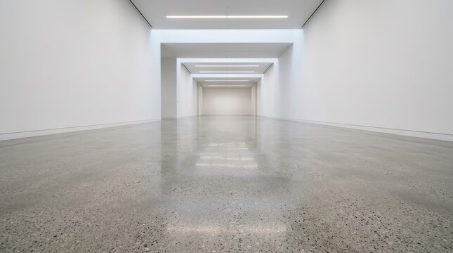 Expansive Modern Art Gallery Hallway with Polished Concrete Floor and Recessed Linear Lighting