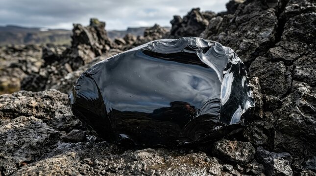 Large natural obsidian rock with reflective surface nestled on volcanic terrain