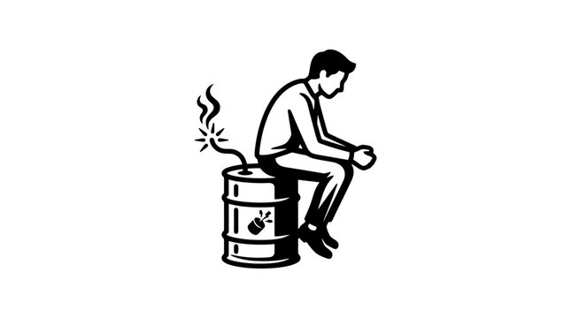 Man sitting on a barrel looking sad.