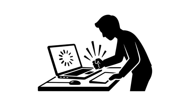 Frustrated man working on laptop computer.