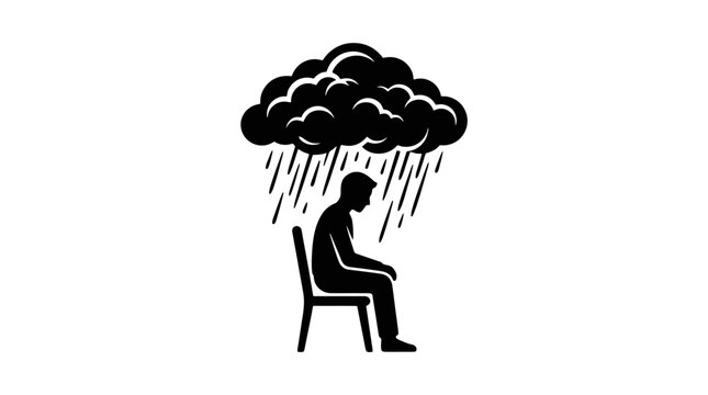A man sits under a rainy cloud.