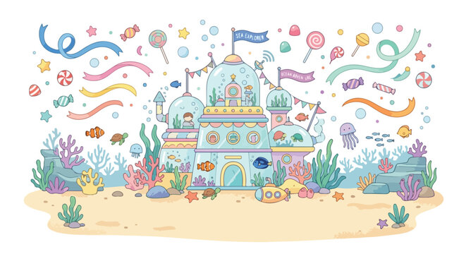 A whimsical pastel illustration of a colorful underwater sea explorer station surrounded by marine life, coral, and floating candies.
