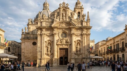 Fototapeta premium Ornate Baroque Church Facade with Statues and Domes in Italy