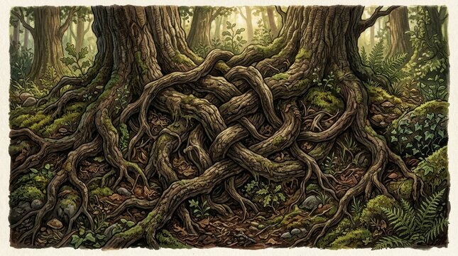 Intricate Network of Ancient Tree Roots Intertwined Deep Within a Lush Forest Floor