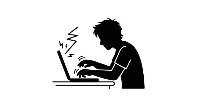 Frustrated man working on laptop computer.