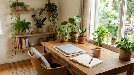 Fototapeta premium Cozy Plant Filled Home Office Workspace Interior
