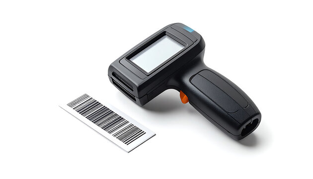 Isolated handheld infrared thermometer and QR code sticker for temperature measurement, object identification, and data scanning