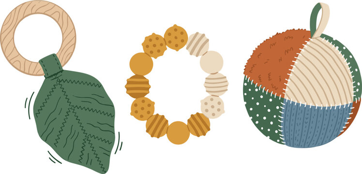Baby Toy Vector Illustration Set Featuring Leaf Teether, Wooden Bead Ring, and Patchwork Soft Ball for Infant Play, Development, and Nursery Accessories