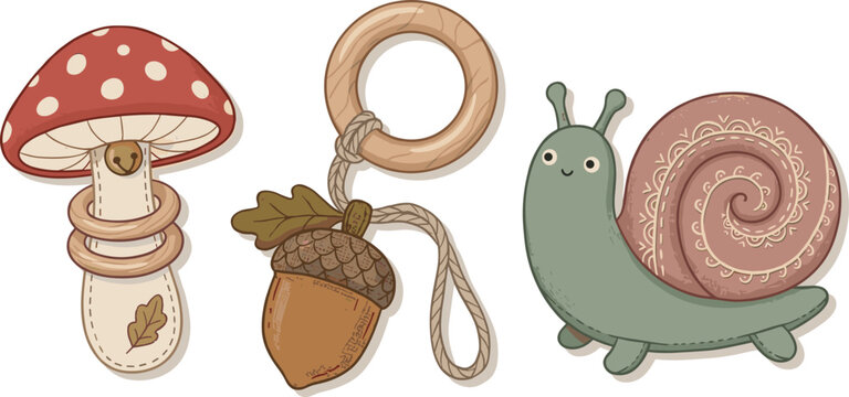 Woodland-Themed Baby Toy Vector Illustration Set Featuring Mushroom Rattle, Acorn Teether, and Snail Plush Toy for Infant Play and Nursery Decor