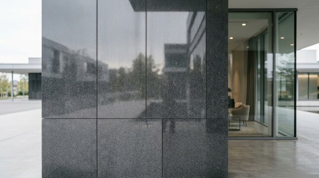 Modern Building Facade with Polished Granite Exterior Panels Reflecting the Environment