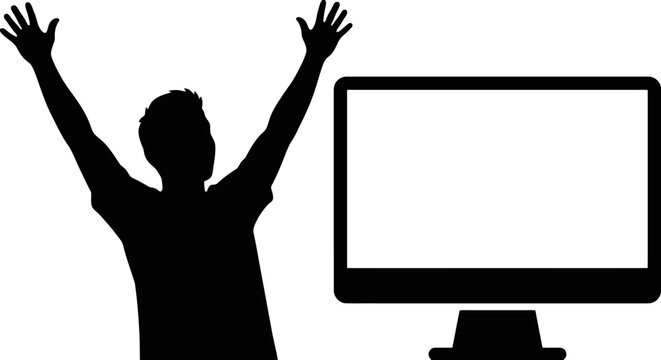 Man celebrating in front of computer screen.