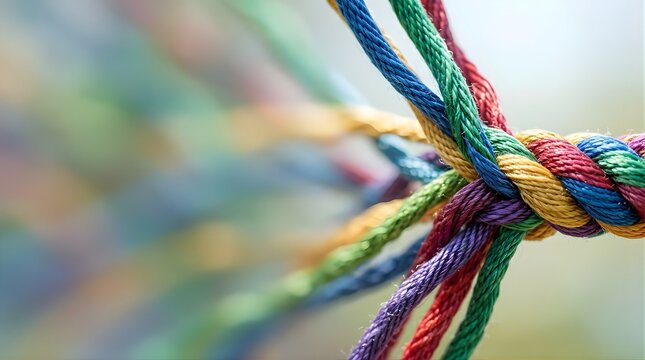 Colorful Ropes Twisted Together Representing Connection and Partnership