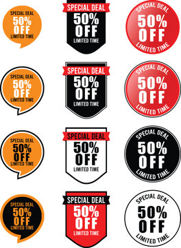 Discount banner with 50 percent off text on colorful background isolated on white. Sale discount banner template, promotion vector illustration,