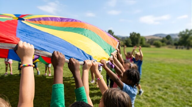 Diverse children holding a rainbow parachute together in a sunny park