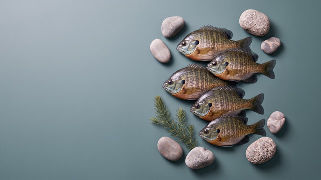 Five bluegill fish grouped with smooth stones and a plant sprig on the right side of a bluish-grey background, leaving abundant copy space on the left.