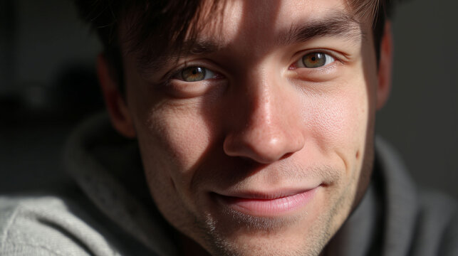 Caucasian young male smiling close-up portrait with subtle lighting and shadows, concept of photography studios, lifestyle brands, marketing agencies