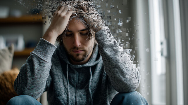 Young caucasian male experiencing digital fatigue, concept of mental health awareness, technology overload, therapy services