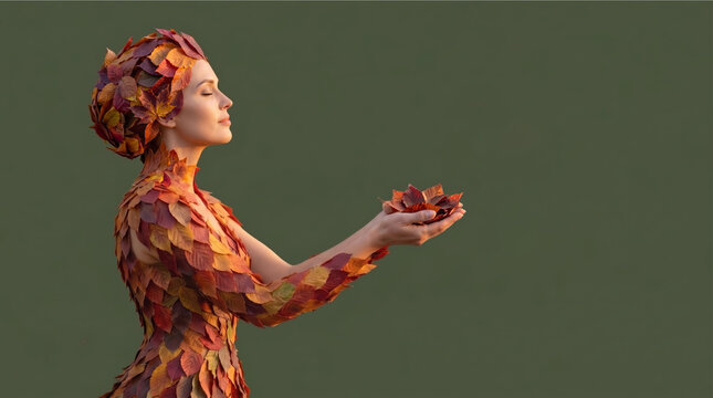 Profile of a woman in an autumn leaf dress and headpiece holding leaves against a green background with generous copy space on the right. Mother Nature.