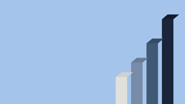 Four ascending 3D bars in gradient shades from white to navy positioned on the right of a light blue background. Graphic resource indicating company or financial growth.