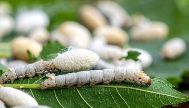 Silkworm meticulously spins silk cocoons on vibrant mulberry leaves