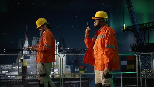 Offshore rig radio operators coordinate safe supply routes during international oil crisis with offshore platform context.