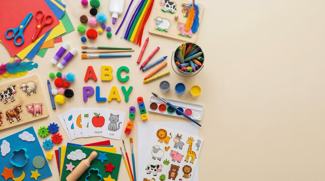 Colorful preschool or kindergarten art supplies, with flashcards, toys and learning materials. Abundant copy space on the for design work or copy.
