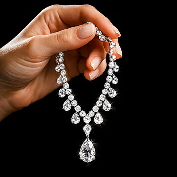 Hand Holding Sparkling Diamond Necklace on Black Background