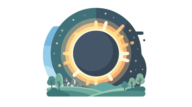 Abstract Cosmic Sunset with Solar Eclipse and Stylized Landscape