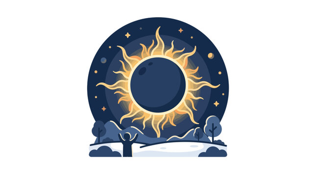 Abstract Cosmic Solar Eclipse with Stylized Sun and Night Sky Illustration