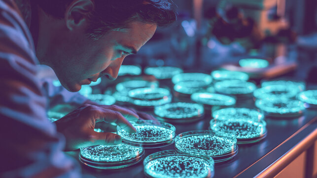 Scientist examining glowing petri dishes in dark laboratory