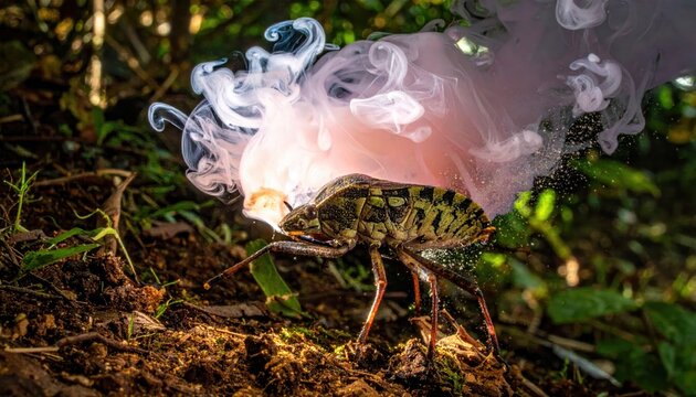 Stink Bug Releases Defensive Pungent Vapor Cloud in Dramatic Slow Motion Macro Shot Amidst Forest Undergrowth