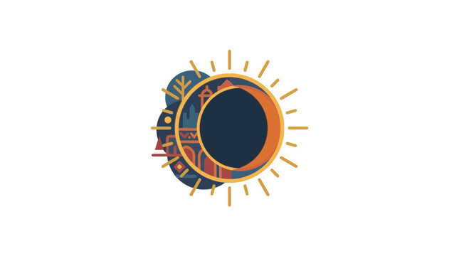 Abstract Solar Eclipse with Aztec Style Illustration and Sun Rays