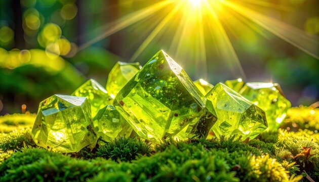 Vibrant Lime Green Rough Peridot Crystals Illuminated by Sunlight on Mossy Ground