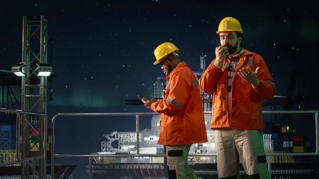 Drilling rig worker doing radio coordination during global energy embargo while offshore platform engineer communicating alerts under aurora borealis sky to mitigate oil crisis disruptions.