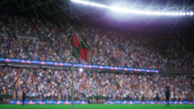 Close up of a corner flag on a rainy night soccer pitch, with stadium fans in the background and wet football field atmosphere during stormy weather. 3D render