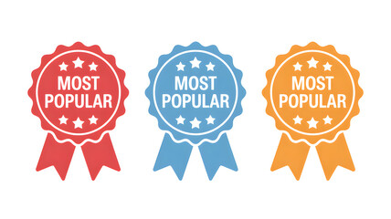 Three colorful most popular award badges icons set
