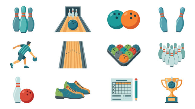 Bowling Icons Set: Pins, Balls, Lane, Player, Trophy, Shoes, Scorecard