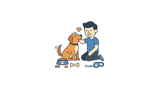 Boy Petting Happy Dog with Food Bowl and Leash, Best Friends Forever