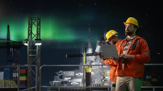Analyzing oil crisis logistics, laptop and drilling rig engineer under aurora borealis sky while working on blockade strategy, notebook and offshore platform expert, offshore energy industry context.
