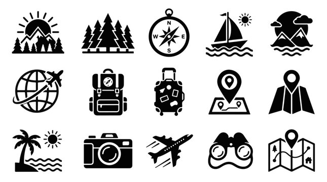 Collection of Travel Icons Representing Outdoor Adventures and Transportation