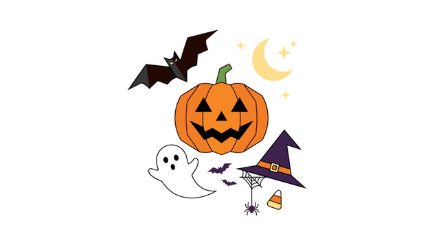 Halloween icons pumpkin ghost bat witch hat spider web candy corn moon and stars Vector