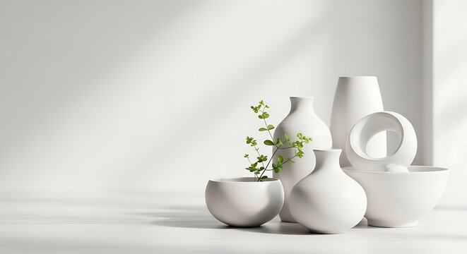 Minimalist white ceramic vases with greenery