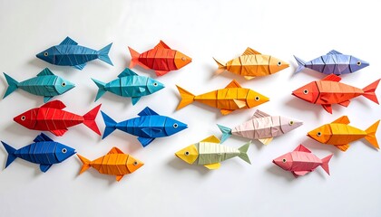 A vibrant school of origami fish in various colors against a plain white background, creating a playful and colorful composition