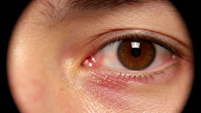 Closeup of a human eye with a red stye on the lower eyelid and brown iris on black background