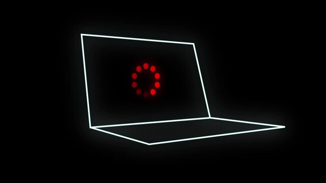 Set of minimalist laptop animations with glowing cyan and red buffering loading icons on black background.