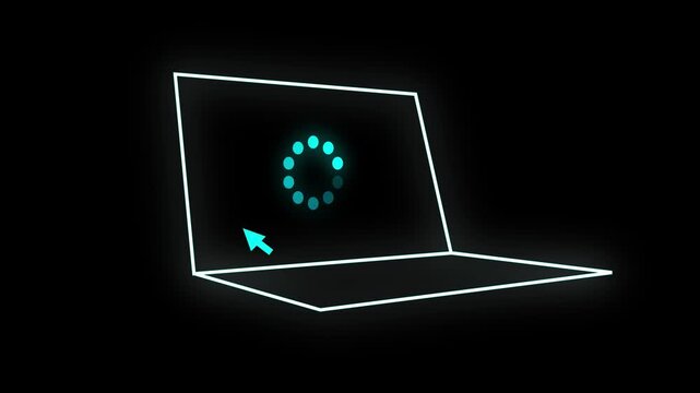 Set of minimalist laptop animations with glowing cyan and red buffering loading icons on black background.