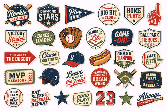 A collection of retro-style baseball badges, emblems, and icons featuring various game elements, equipment, and motivational phrases.