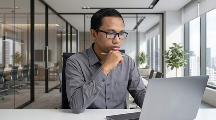 Fototapeta premium Young serious Indonesian professional business man, using computer looking at screen watching seminar webinar at home office.