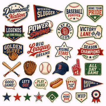 A vibrant collection of vintage baseball-themed badges, emblems, and illustrations featuring sports equipment, slogans, and classic designs.