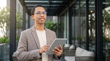 Fototapeta premium Busy young Indonesian business man executive standing in office using digital tablet. Young professional businessman corporate manager wearing suit and glasses holding tab working on finance project